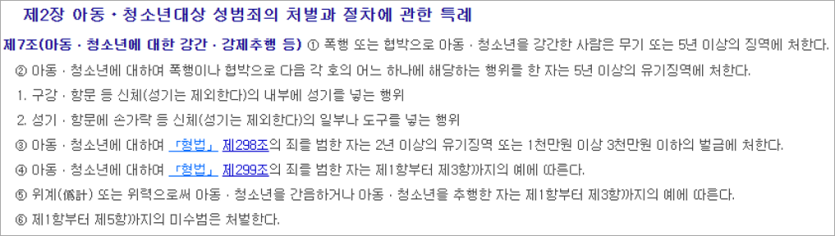아동ㆍ청소년대상 성범죄의 처벌과 절차에 관한 특례 법 조항